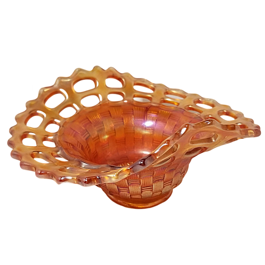 Antique Fenton Marigold Carnival Glass Bon Bon Candy Dish Open Lace Basket Weave Advertising Furniture Company Insignia