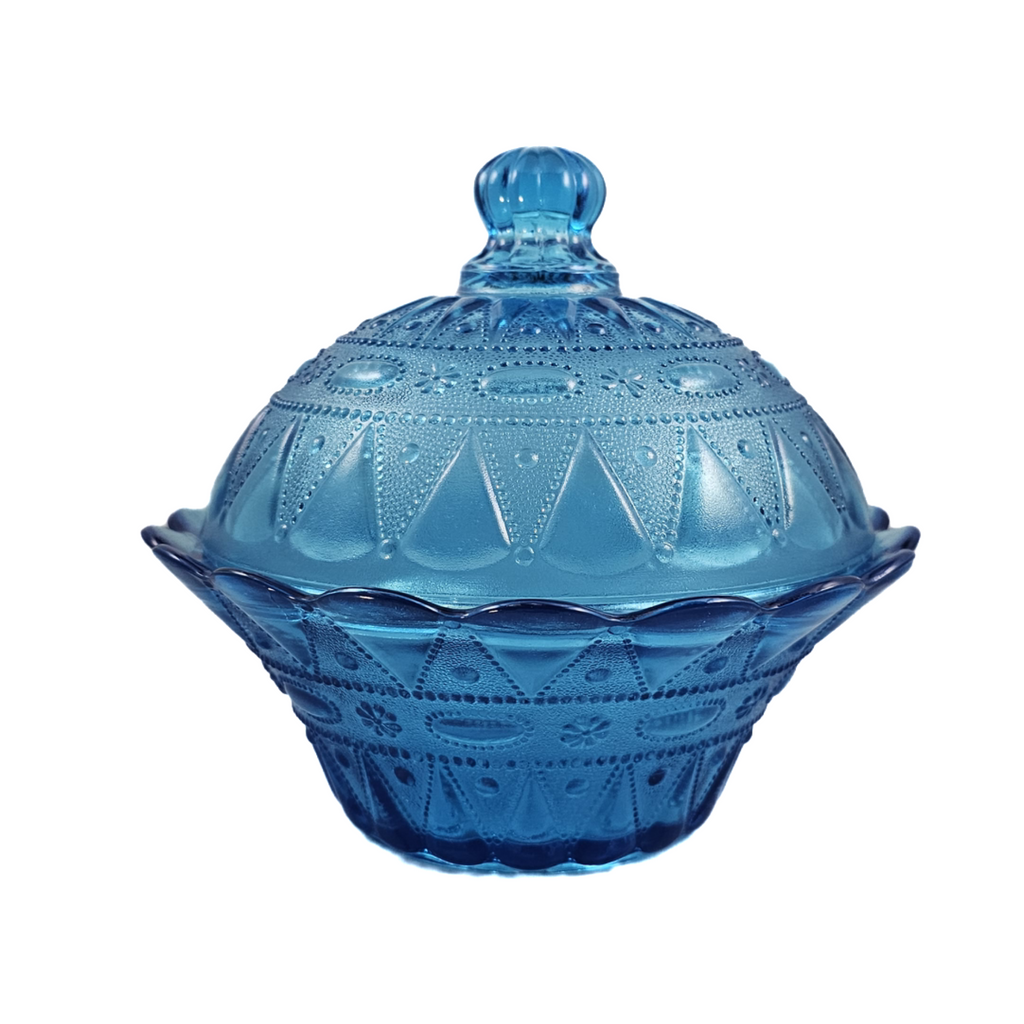 Kemple Wheaton Lace and Dewdrop Blue Pressed Glass 6 1/2 Inch Lidded Bowl