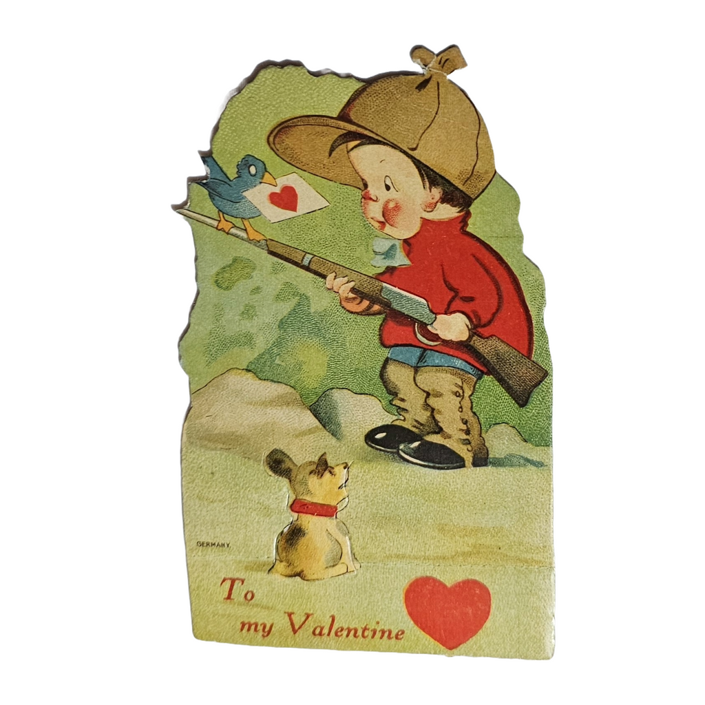 Vintage Antique Die Cut Valentine Card Mechanical Dog Dressed and Playing  Horn