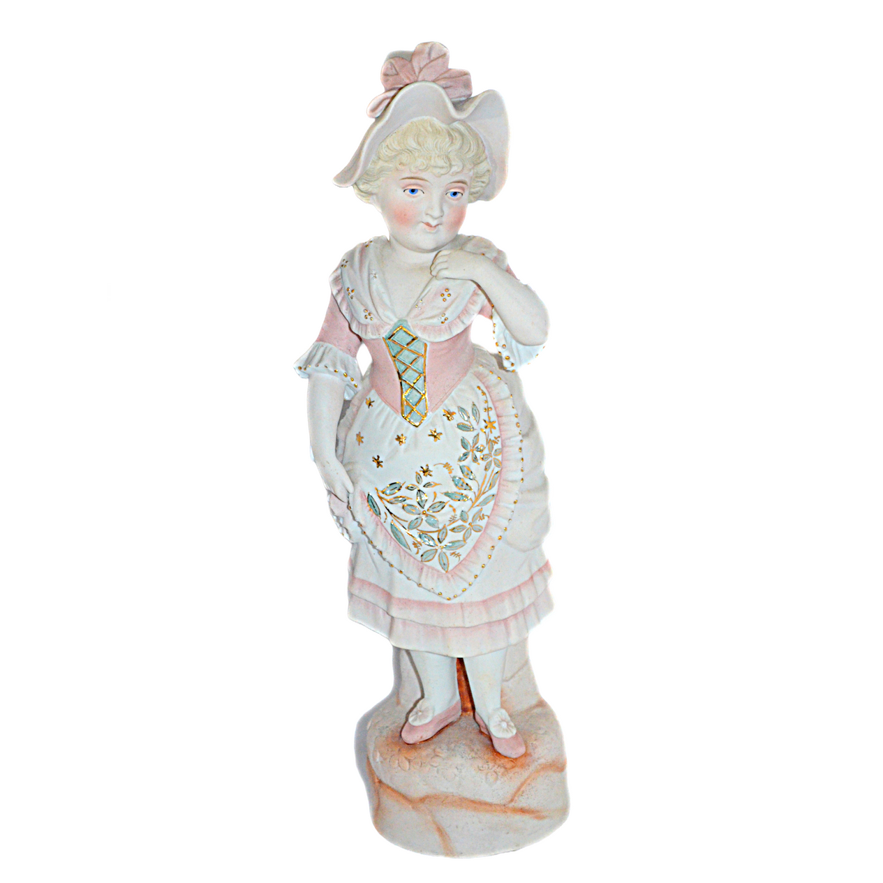 German Porcelain Bisque Statue Numbered Figurine of Woman in Pink