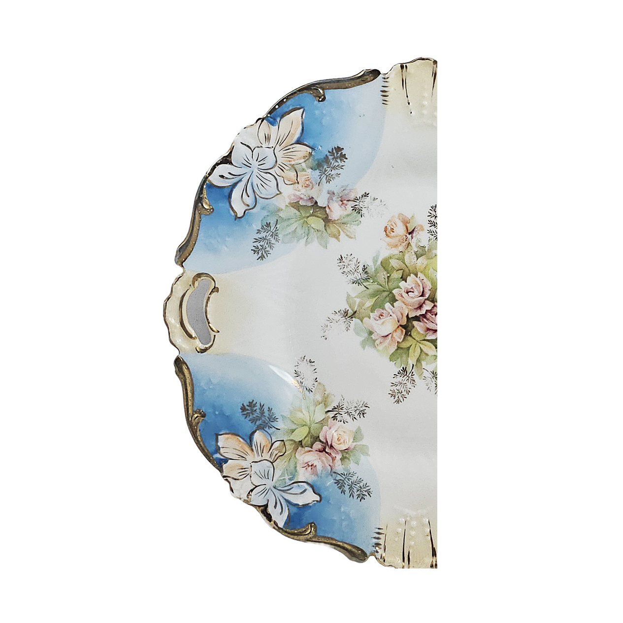 RS Prussia Porcelain Cake Plate Mold 339 Art Nouveau Period Blue w/ Pink Tea Roses