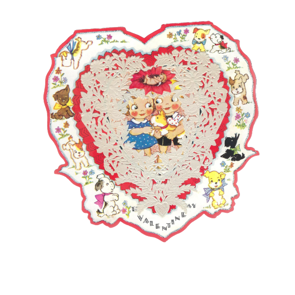 Vintage Die Cut Valentine Card Heart Shaped Children Holding Puppy with Dog Border Applied Paper Doily