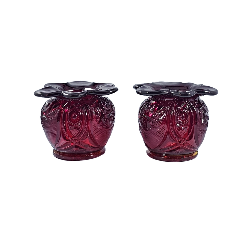 Pair of Westmoreland Ruby Red Amberina Buzz Star Pattern Lipped Vases Glows Under Blacklight