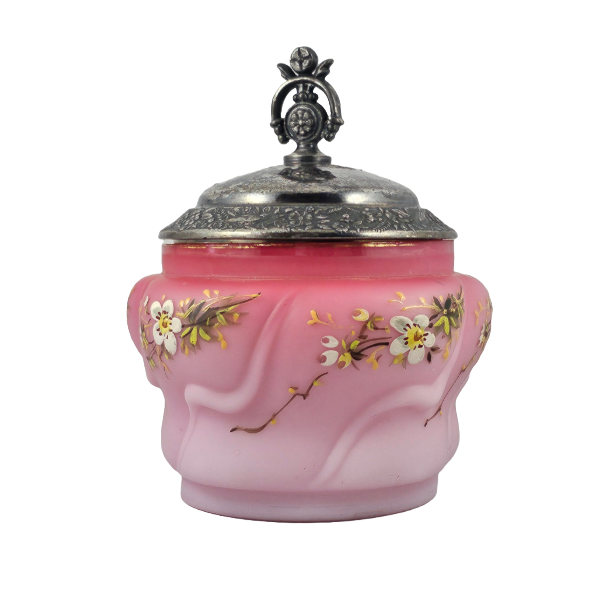 Victorian Pink Peachblow Satin Glass Enamel Sugar Jar with Silver Plated Lid