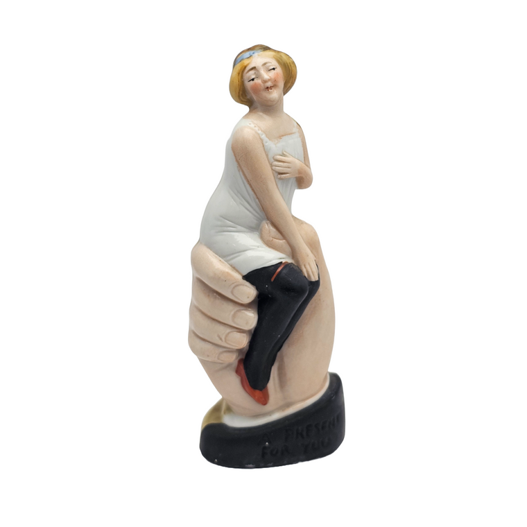 Rare Schafer Vater Bisque Porcelain Figural Flask Woman with Long Hair Bawdy Lady Seated in Giant Hand