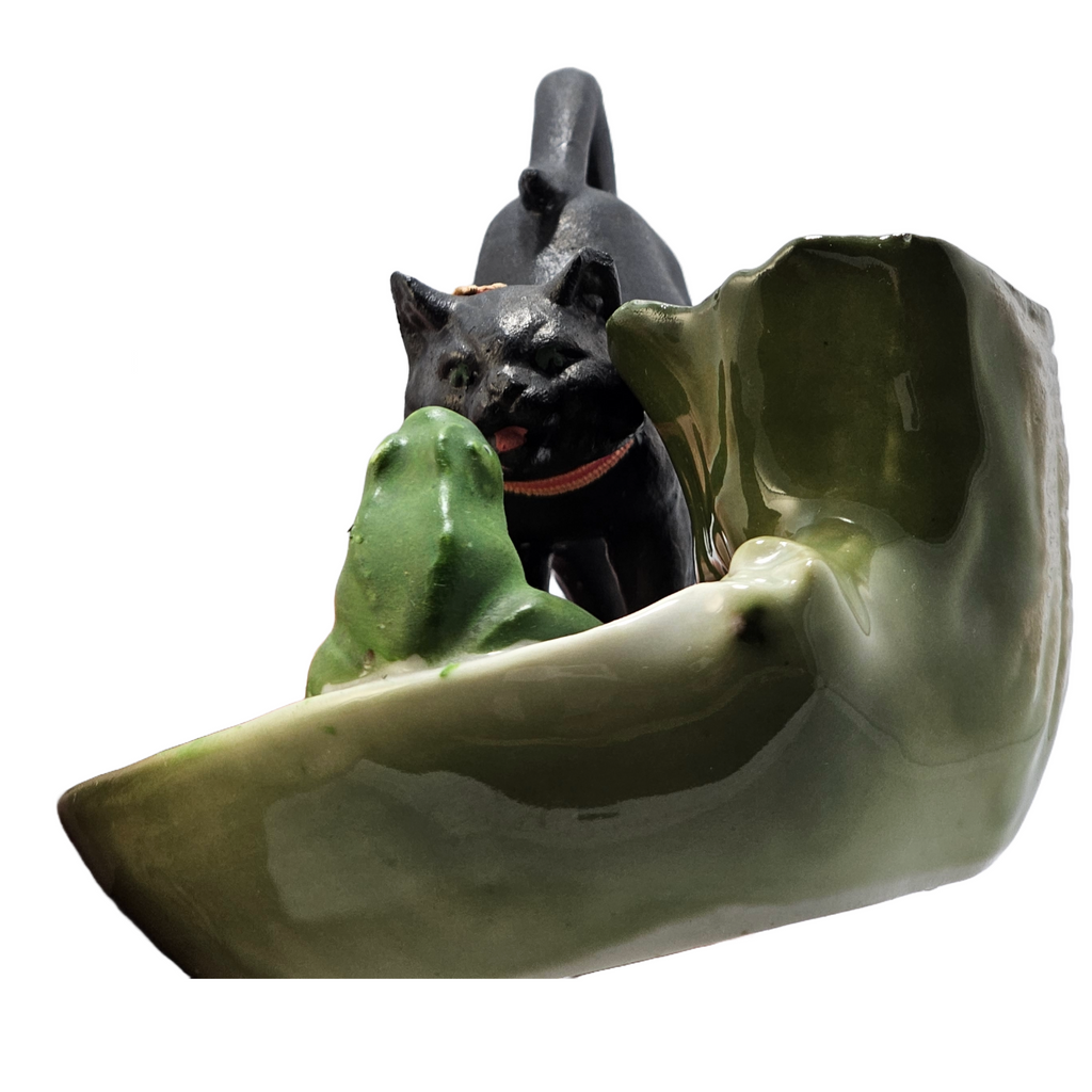 Rare German Bisque Porcelain Halloween Theme Figurine Black Cat Hissing at Frog Match Holder