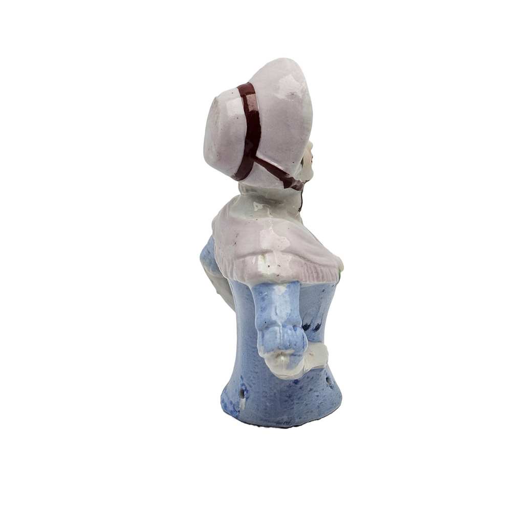 Porcelain Half Doll Woman in Blue Top Pink Bonnet & Shawl