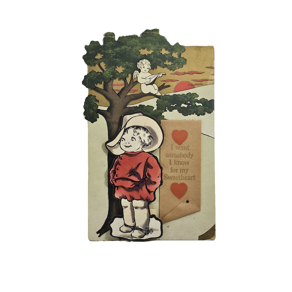 Large Vintage Die Cut Stand Up Mechanical Valentine Card Cowboy Kid Standing Under Tree with Cupid