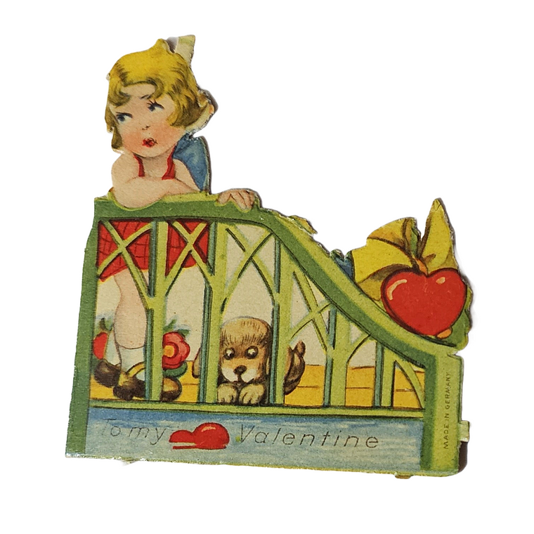 Vintage Die Cut Valentine Card Little Girl with Puppy Dog Looking Forlorn Standing Near Railing