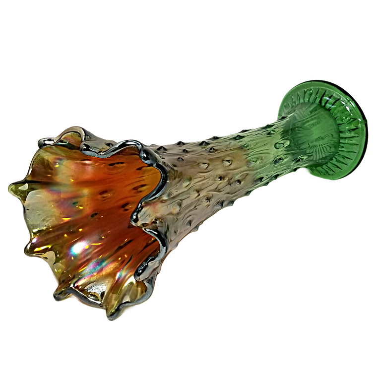 Antique Northwood Ombre Iridescent Marigold & Green Tree Trunk Raindrop 10" Swung Vase
