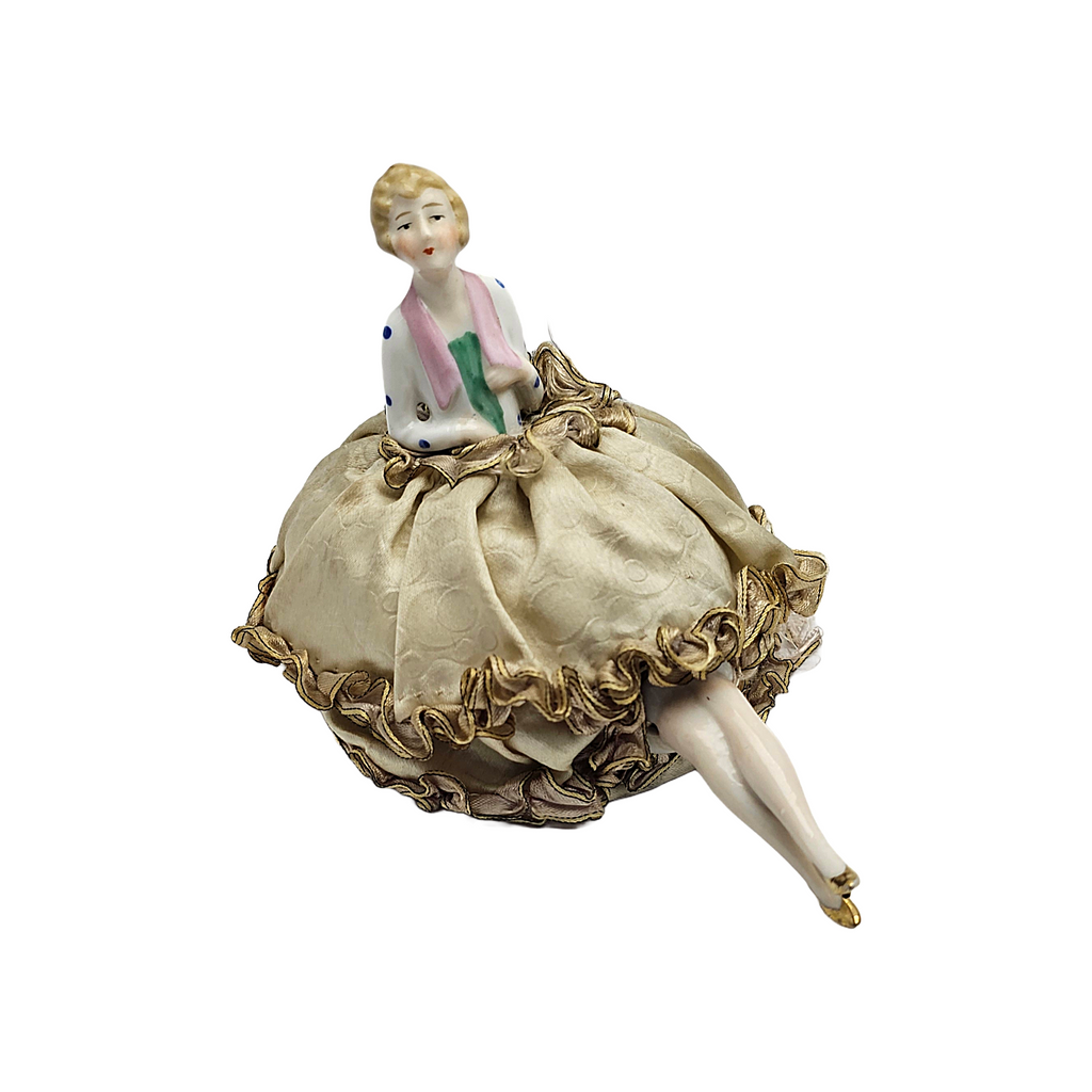 Art Deco German Porcelain Half Doll Polka Dot Top with Legs on Pin Cushion