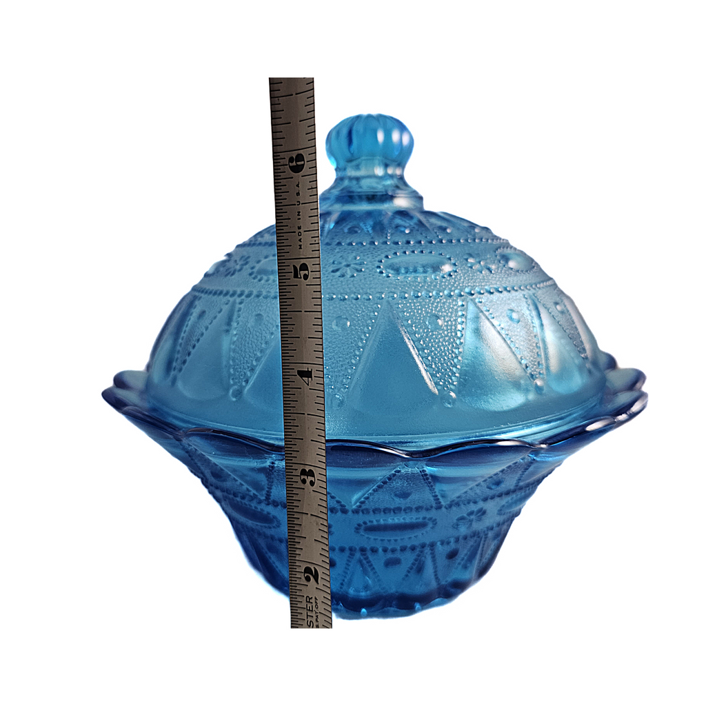 Kemple Wheaton Lace and Dewdrop Turquoise Blue Pressed Glass 6 1/2 Inch Lidded Bowl (Copy)