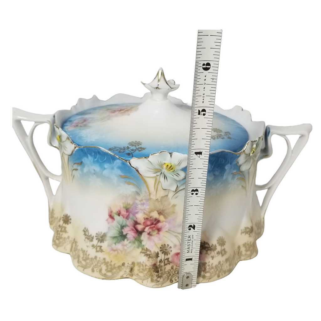 RS Prussia Porcelain Double Handle Cracker Jar Lily Mold 29 w/ Lid