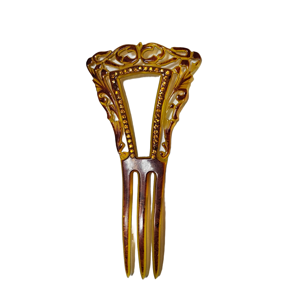 Art Deco Spanish Mantilla Celluloid Overlay Hair Comb Citron Jeweled Rhinestones