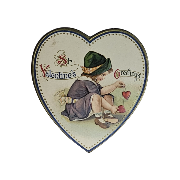 Vintage Die Cut Valentine Heart Shaped Card Artist Frexias Little Girl Playing with Poem on Reverse