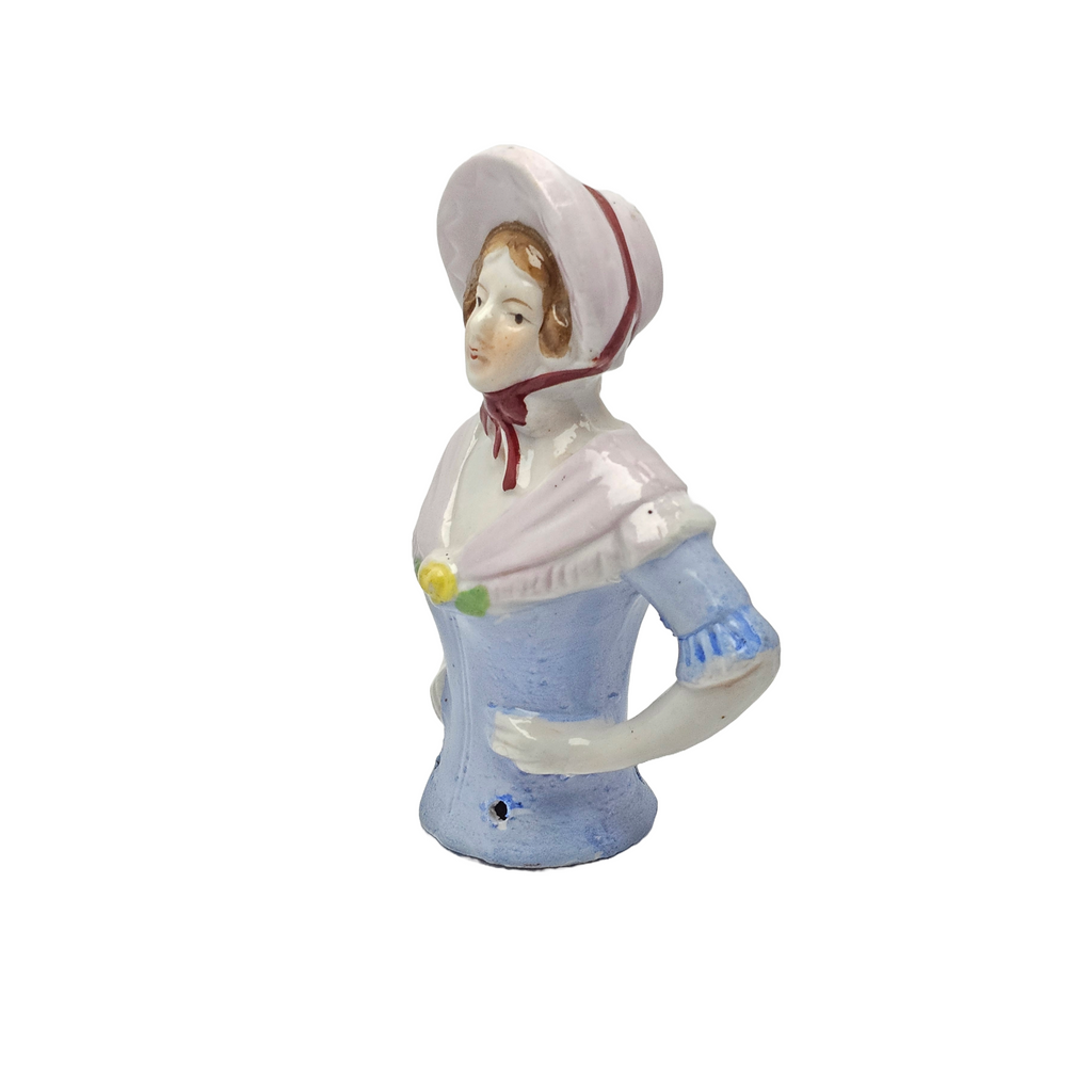 Porcelain Half Doll Woman in Blue Top Pink Bonnet & Shawl