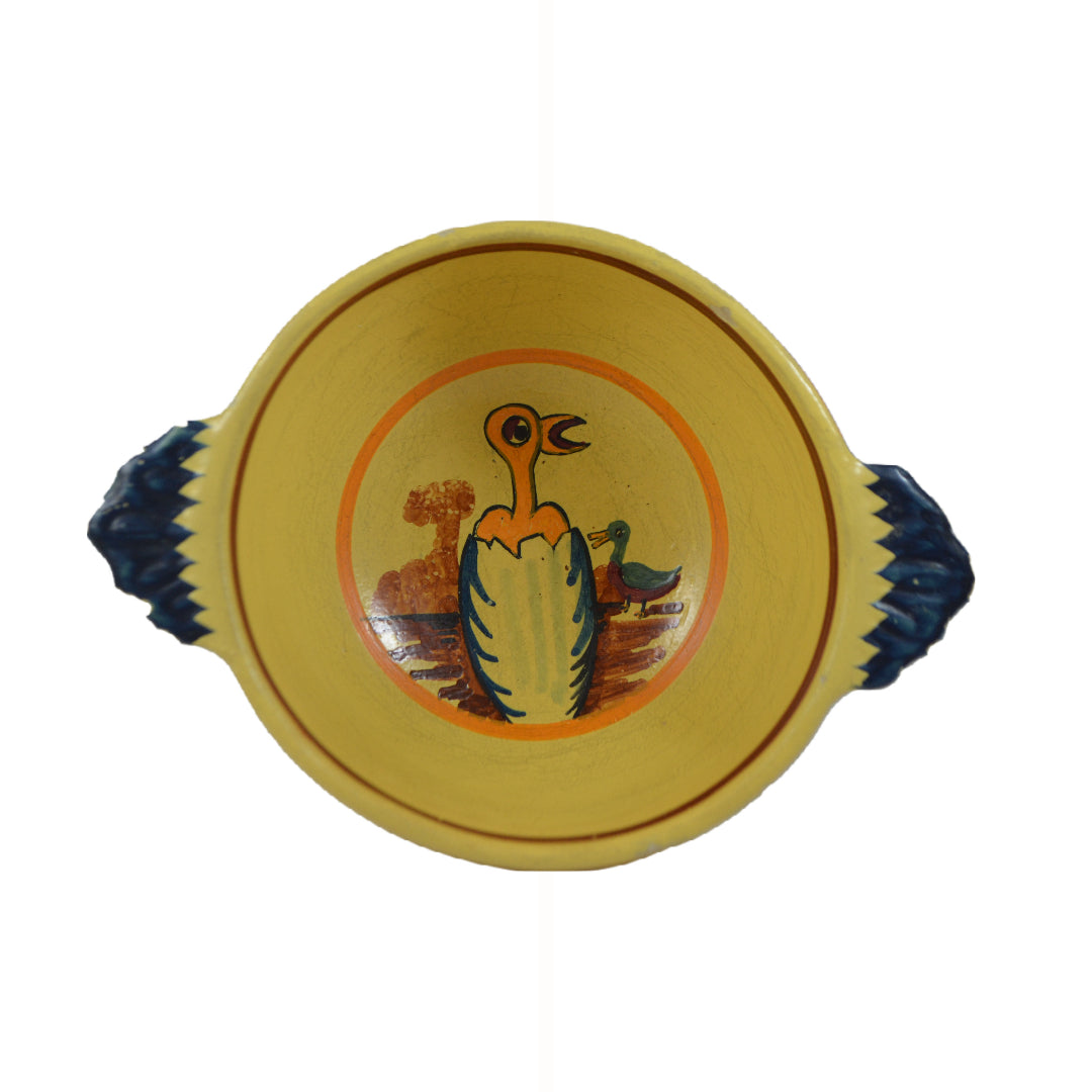 Antique Quimper Bowl Soleil Yellow Lugged Handles with Painted Birds