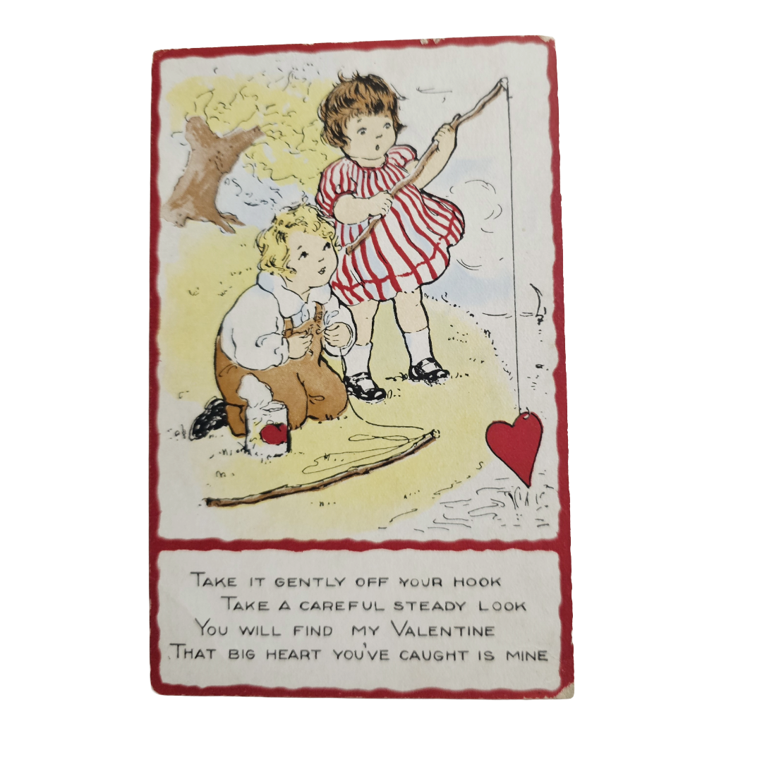 Valentine Postcard Children Fishing with Heart in Stream Whitney Pub