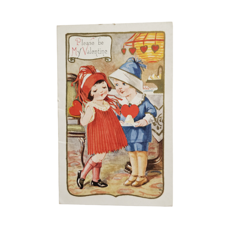 Valentine Postcard Child Dressed as Flapper Boy Giving Her Heart