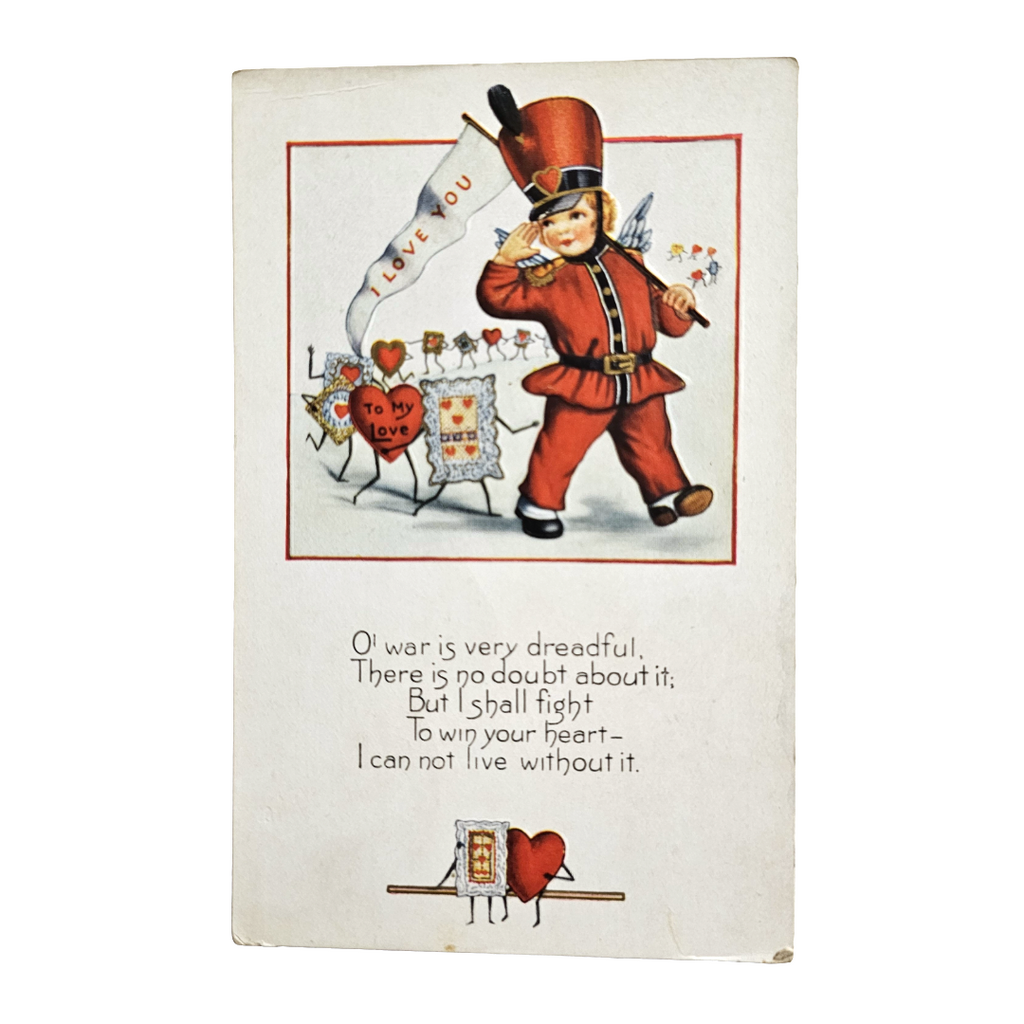 Whitney Valentine Postcard Anthropomorphic Hearts & Cards Following Cupid Marching Band