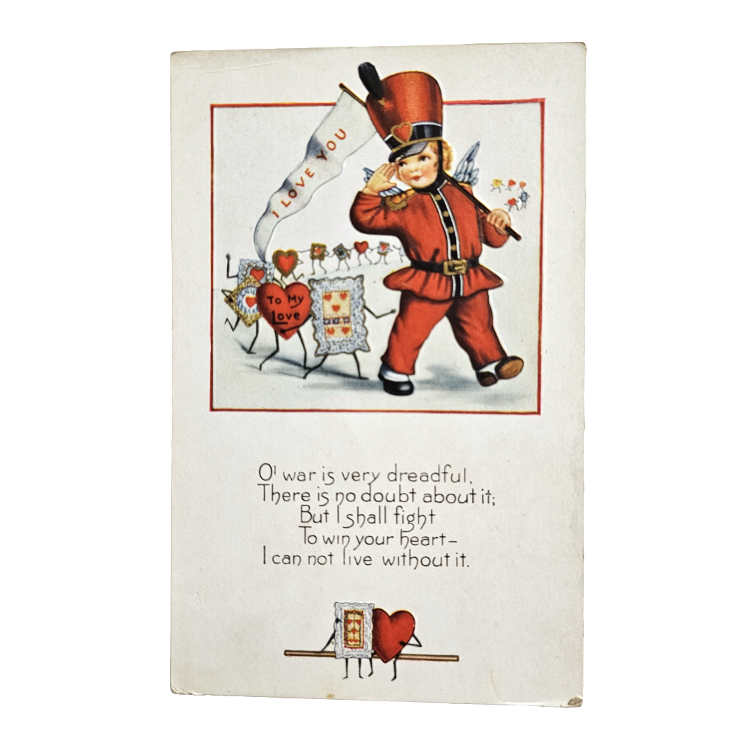 Whitney Valentine Postcard Anthropomorphic Hearts & Cards Following Cupid Marching Band