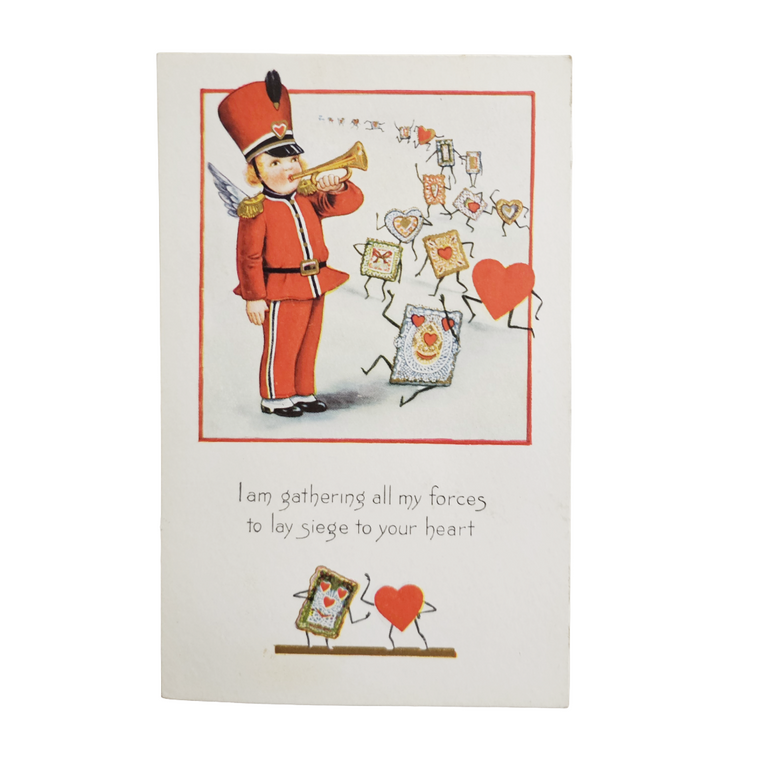 Whitney Valentine Postcard Anthropomorphic Hearts & Cards Following Cupid Marching Band