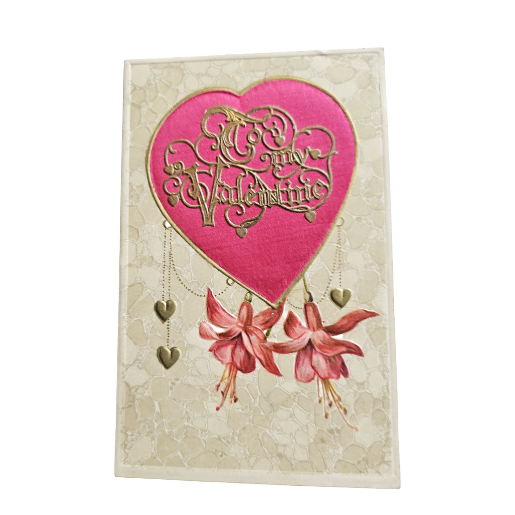 Winsch Valentine Postcard Silk Heart Applied Gold and Fuchsia Flowers