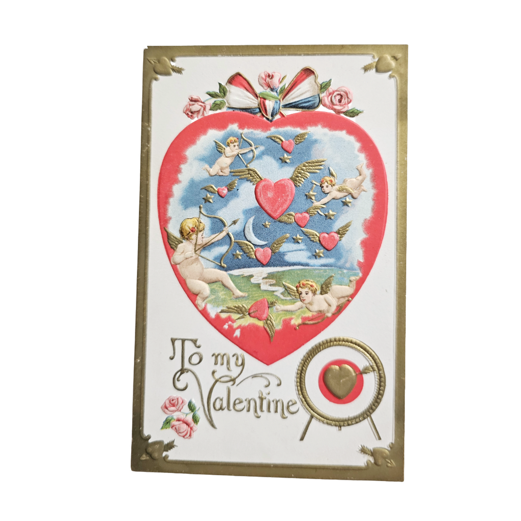 Valentine Postcard Cupids & Flying Hearts Embossed Gold Highlights