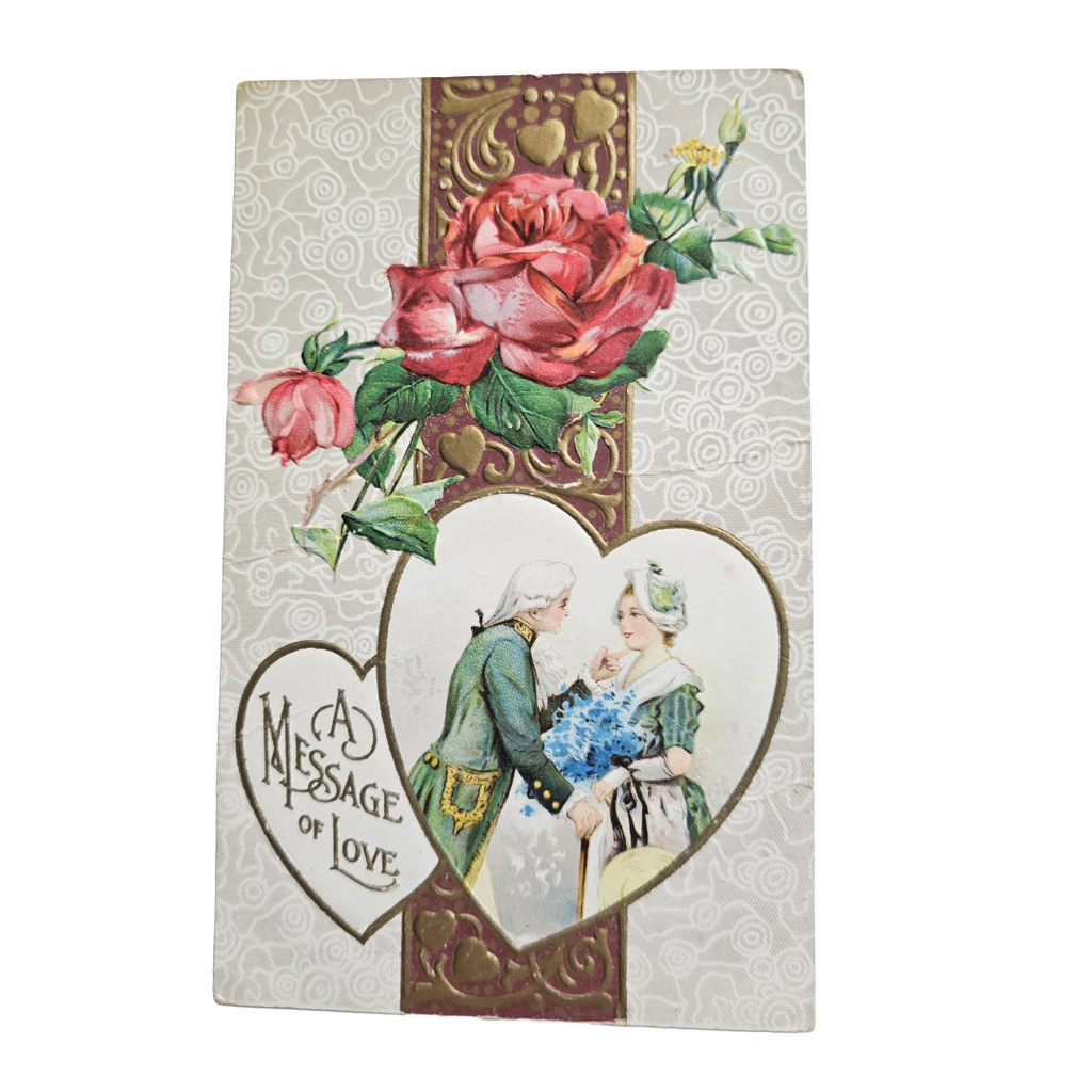 Valentine Postcard Romantic Couple with Heart Roses Gold Series 206