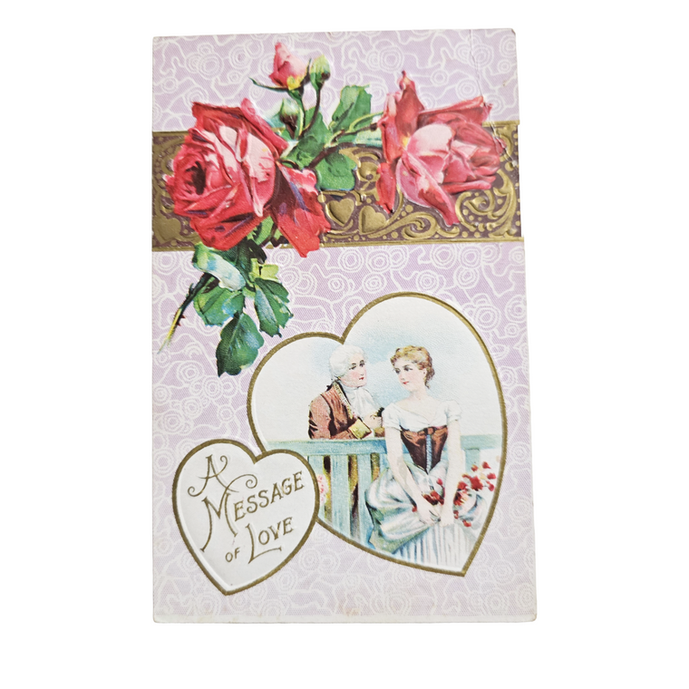 Valentine Postcard Romantic Couple with Heart Roses Gold Series 206