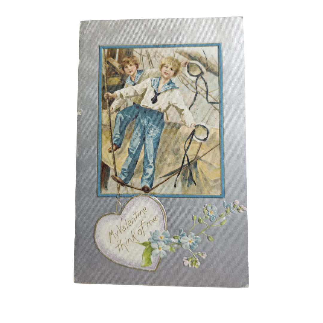 Valentine Postcard Sailor Boys on Boat Silver Background IAP Pub