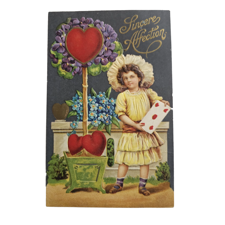 Valentine Postcard Little Girl w/ Heart Tree Embossed Card
