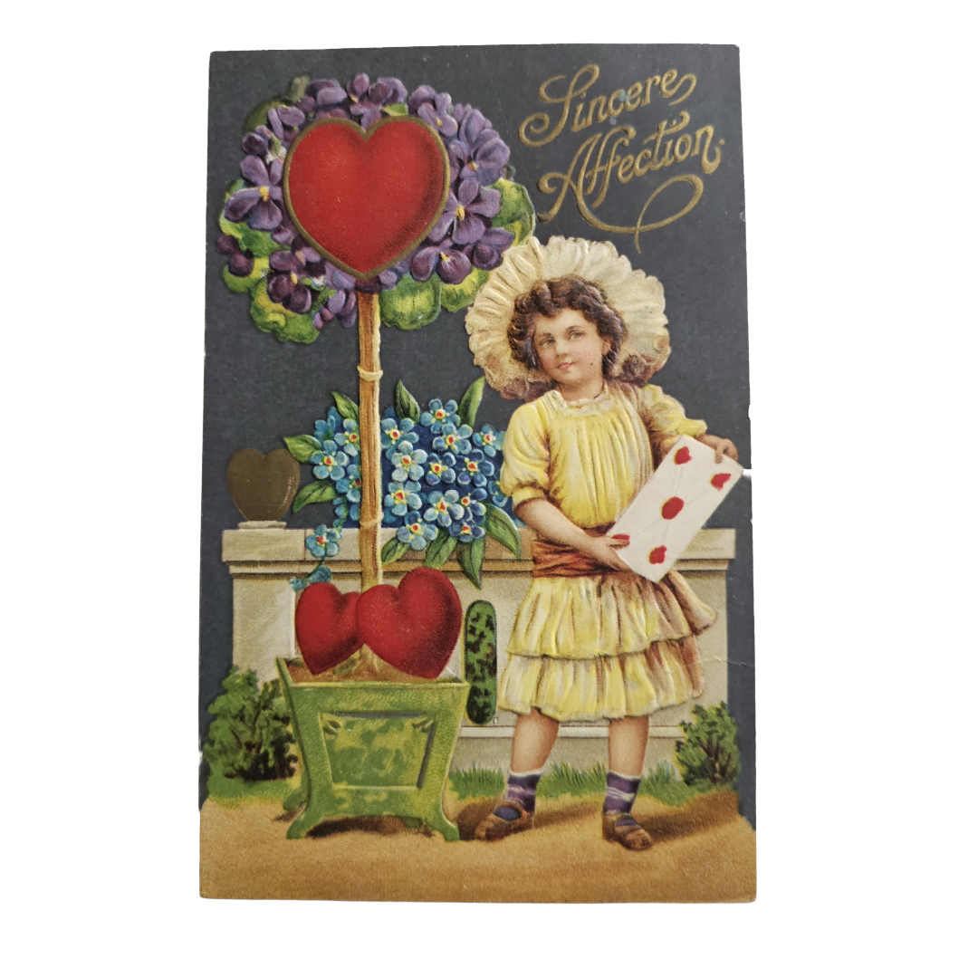 Valentine Postcard Little Girl w/ Heart Tree Embossed Card
