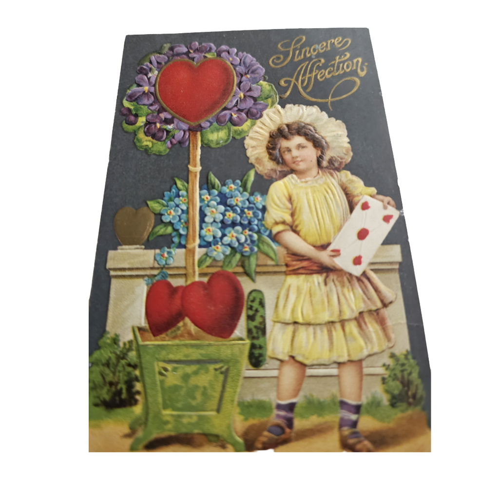 Valentine Postcard Little Girl w/ Heart Tree Embossed Card
