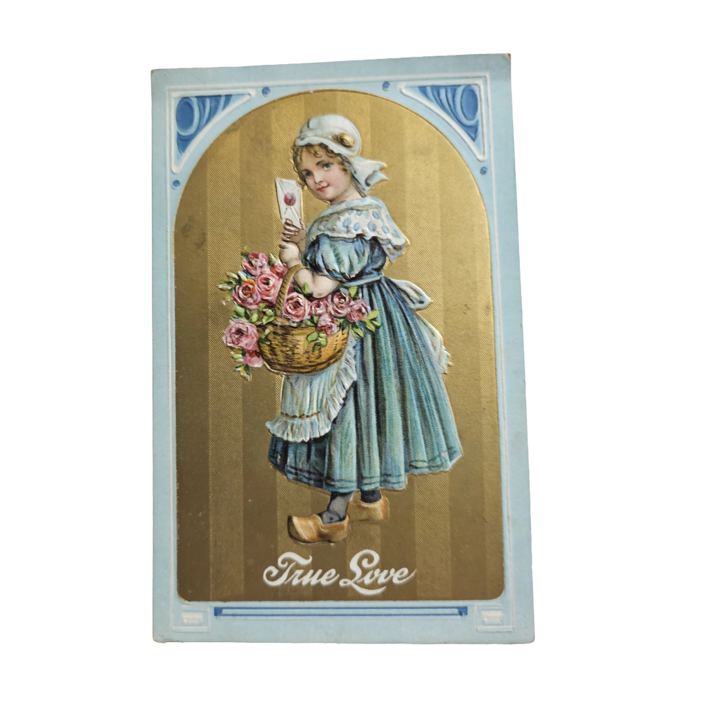 Valentine Postcard Dutch Girl with Basket of Pink Roses "True Love"
