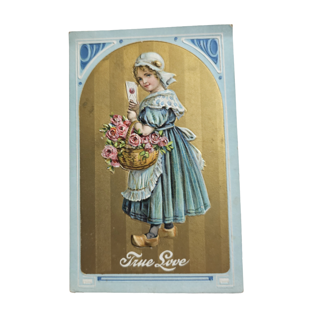 Valentine Postcard Dutch Girl with Basket of Pink Roses "True Love"