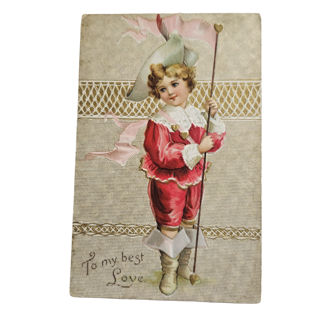 Valentines Day Postcard Victorian Child In Boots Hat Heart Staff Flag Germany