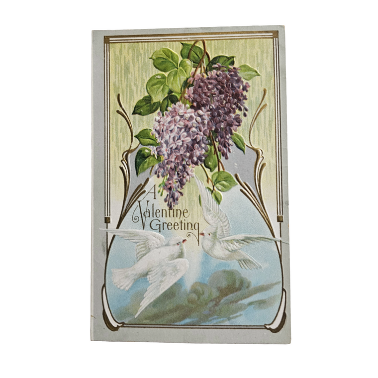 Valentine Postcard Purple Lilacs with Doves