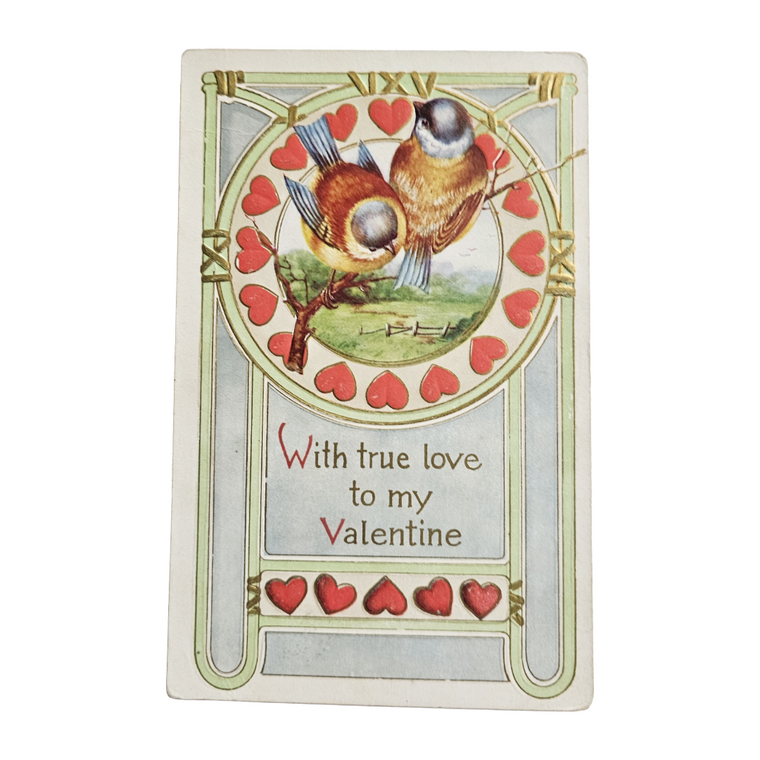 Valentine Postcard Bluebirds with Red Hearts