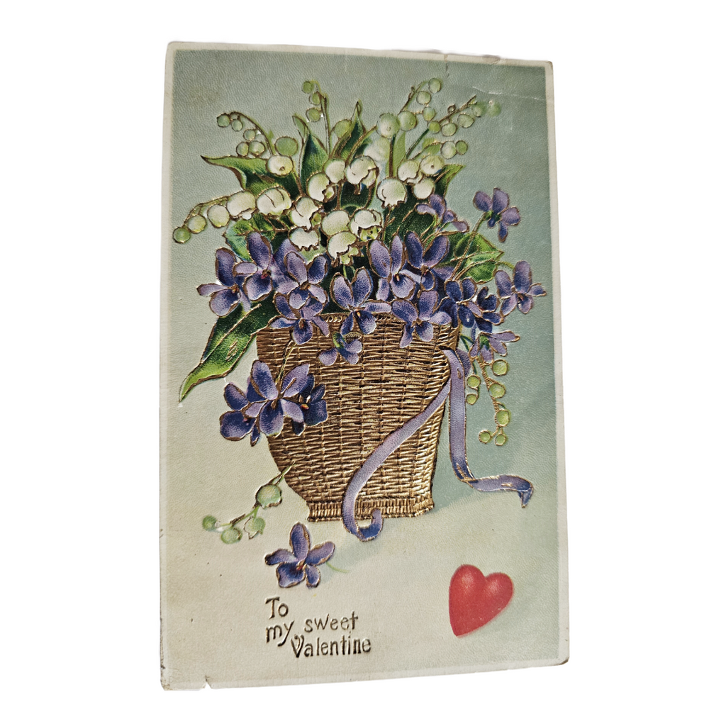 Valentine Postcard Gold Embossed Basket of Flowers To My Sweet