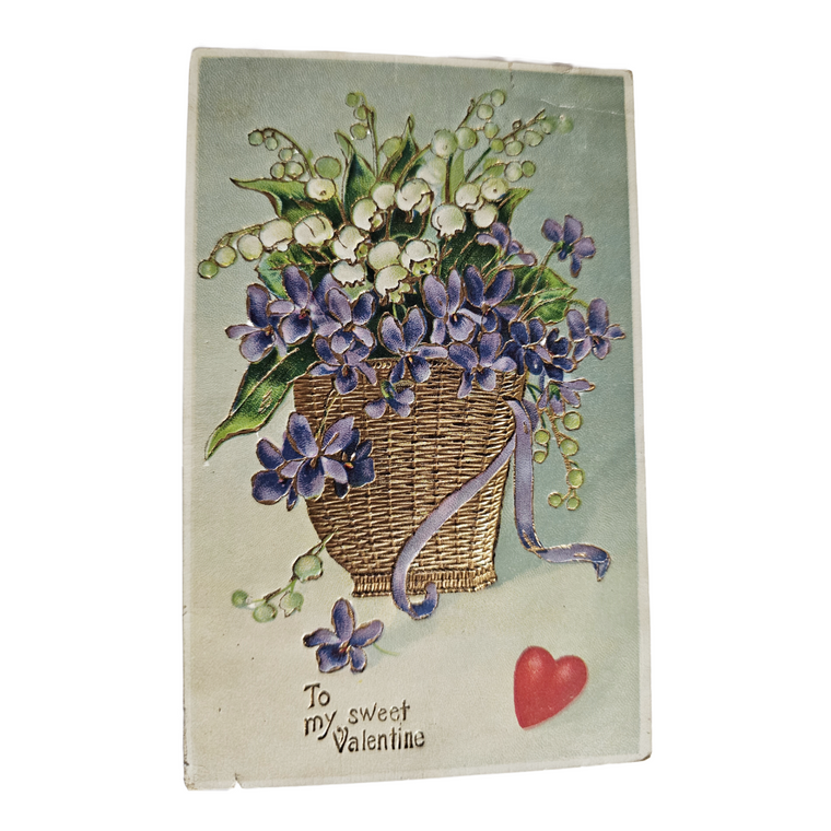 Valentine Postcard Gold Embossed Basket of Flowers To My Sweet