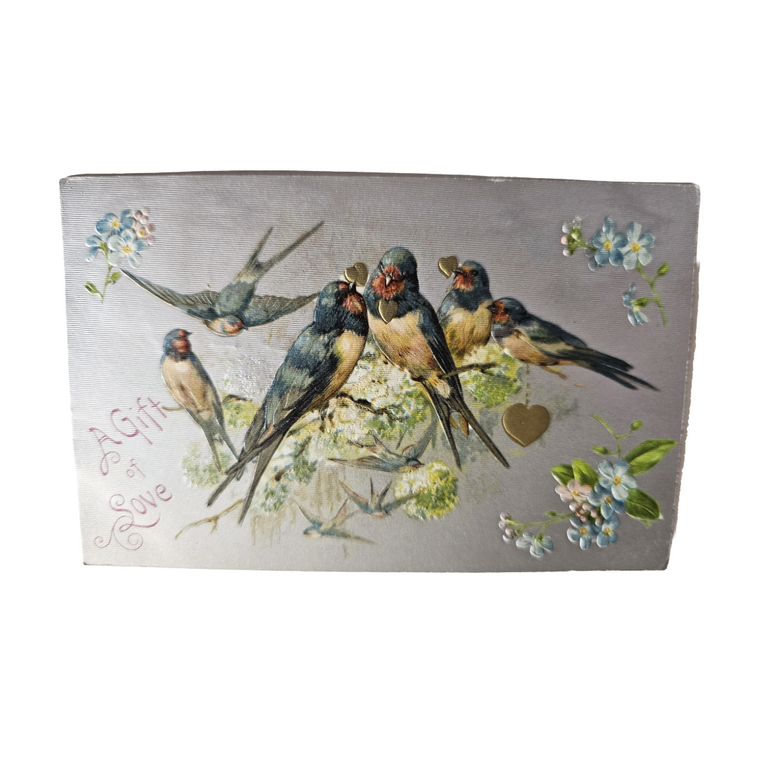 Valentine Postcard Barn Swallows w/ Flowers Silver Background Winsch Pub