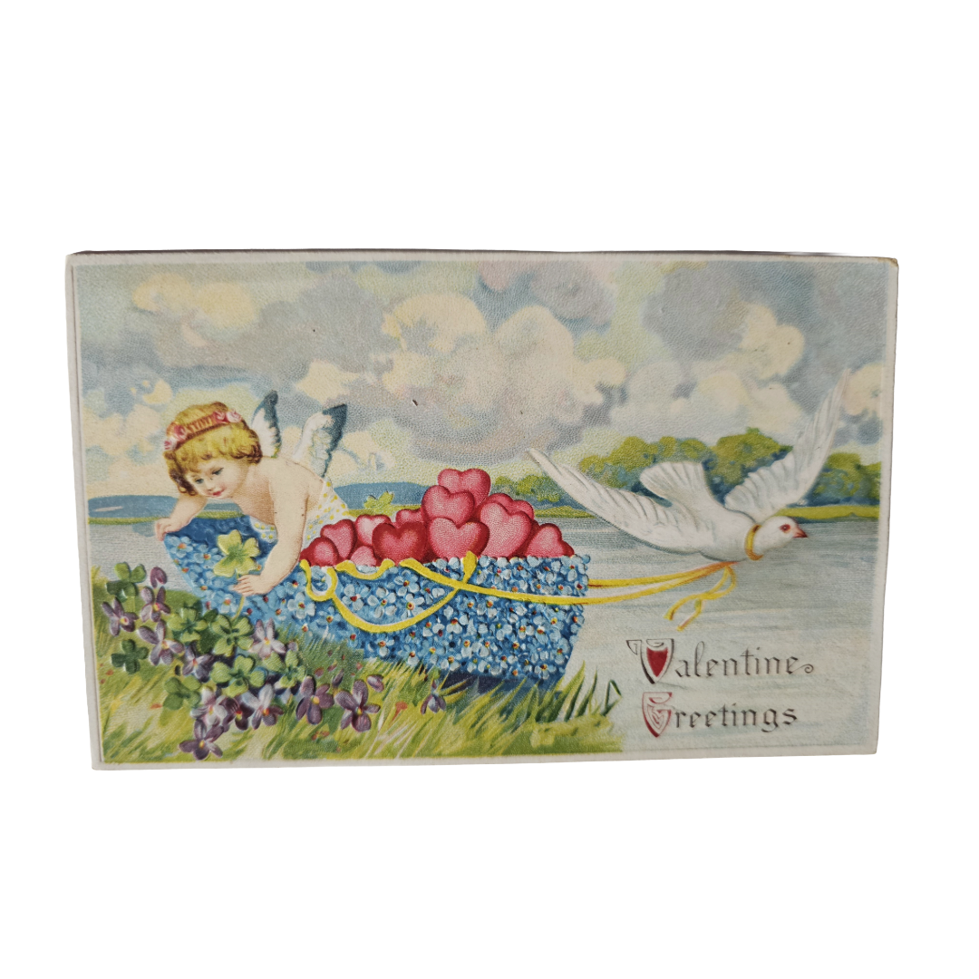 Valentine Postcard Cupid in Flower Boat with Doves Series 687