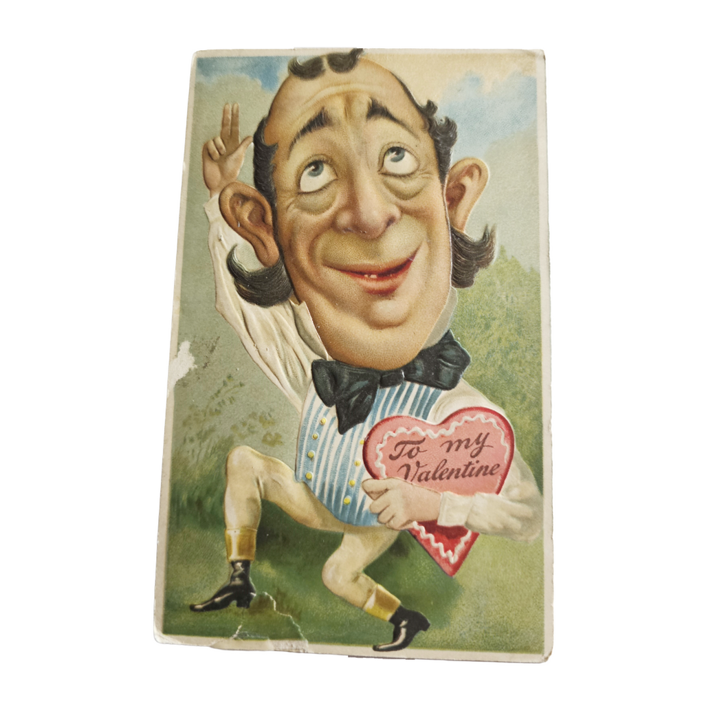 Valentine Postcard Comical Giant Head Man in White Suit Holding Heart