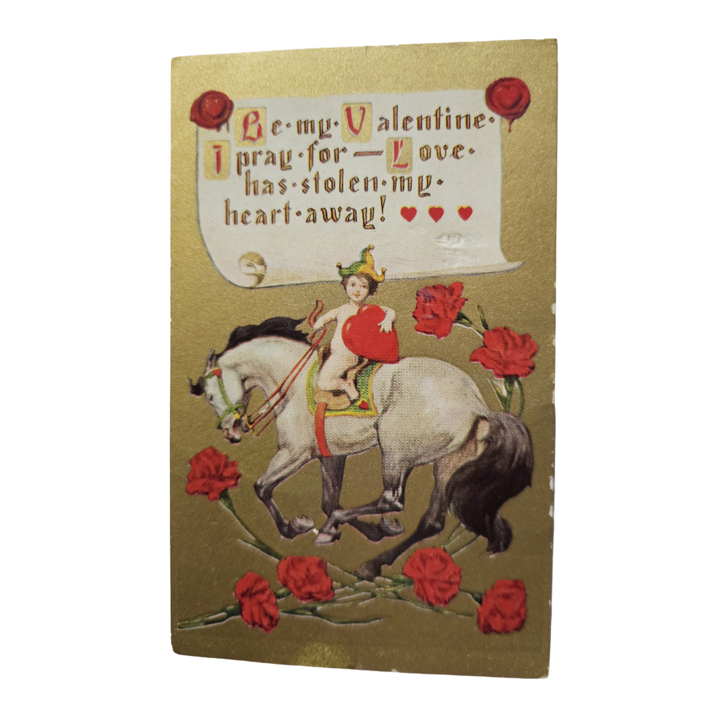 Valentine Postcard Cupid Holding Hearts Riding Stallion Horse