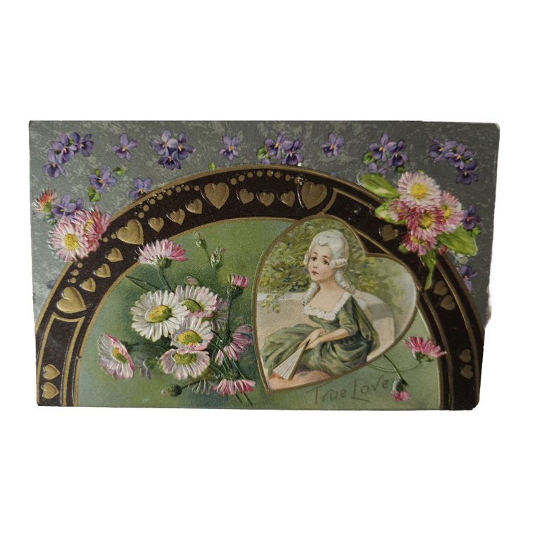 Valentine Postcard Woman w/ Silver Background Gold Hearts Winsch Pub