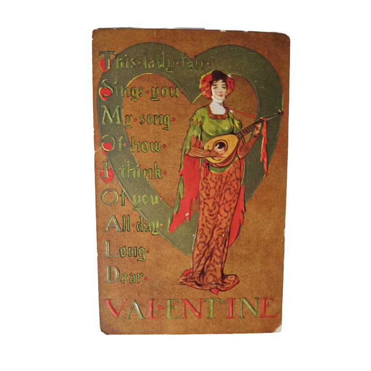 Art Nouveau Valentine Postcard Woman Playing Mandolin with Poem