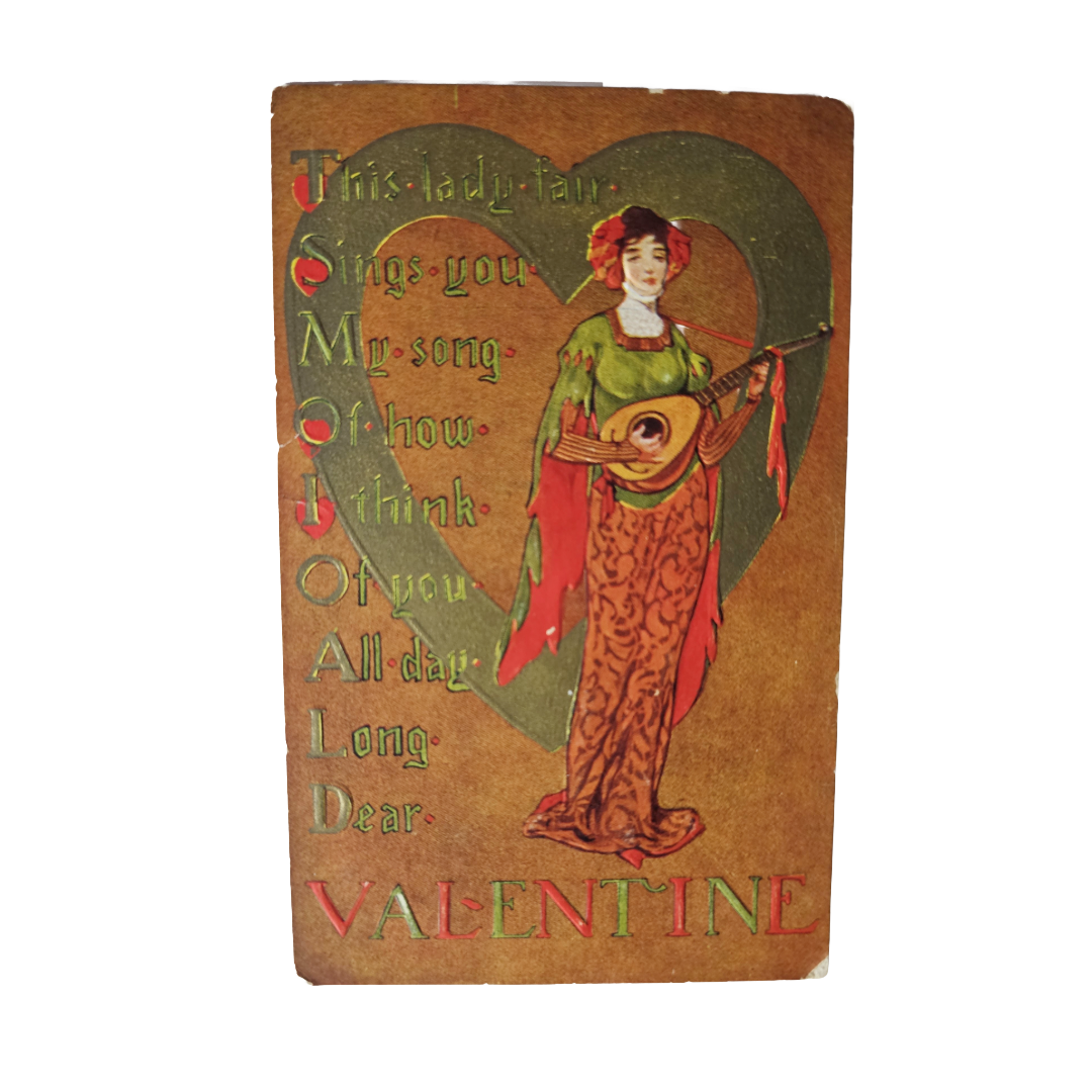 Art Nouveau Valentine Postcard Woman Playing Mandolin with Poem