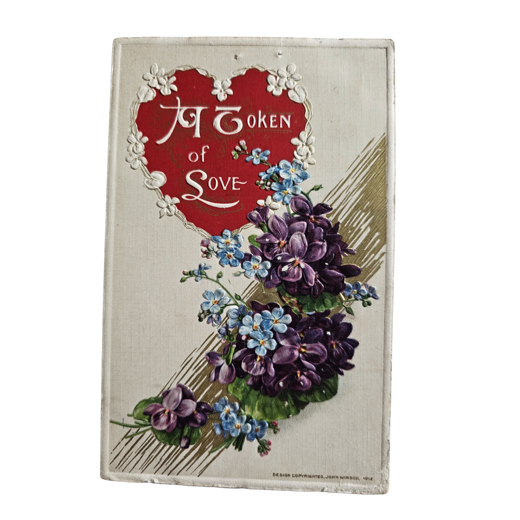Valentine Postcard Purple Flowers "A Token of Love" Winsch Pub.
