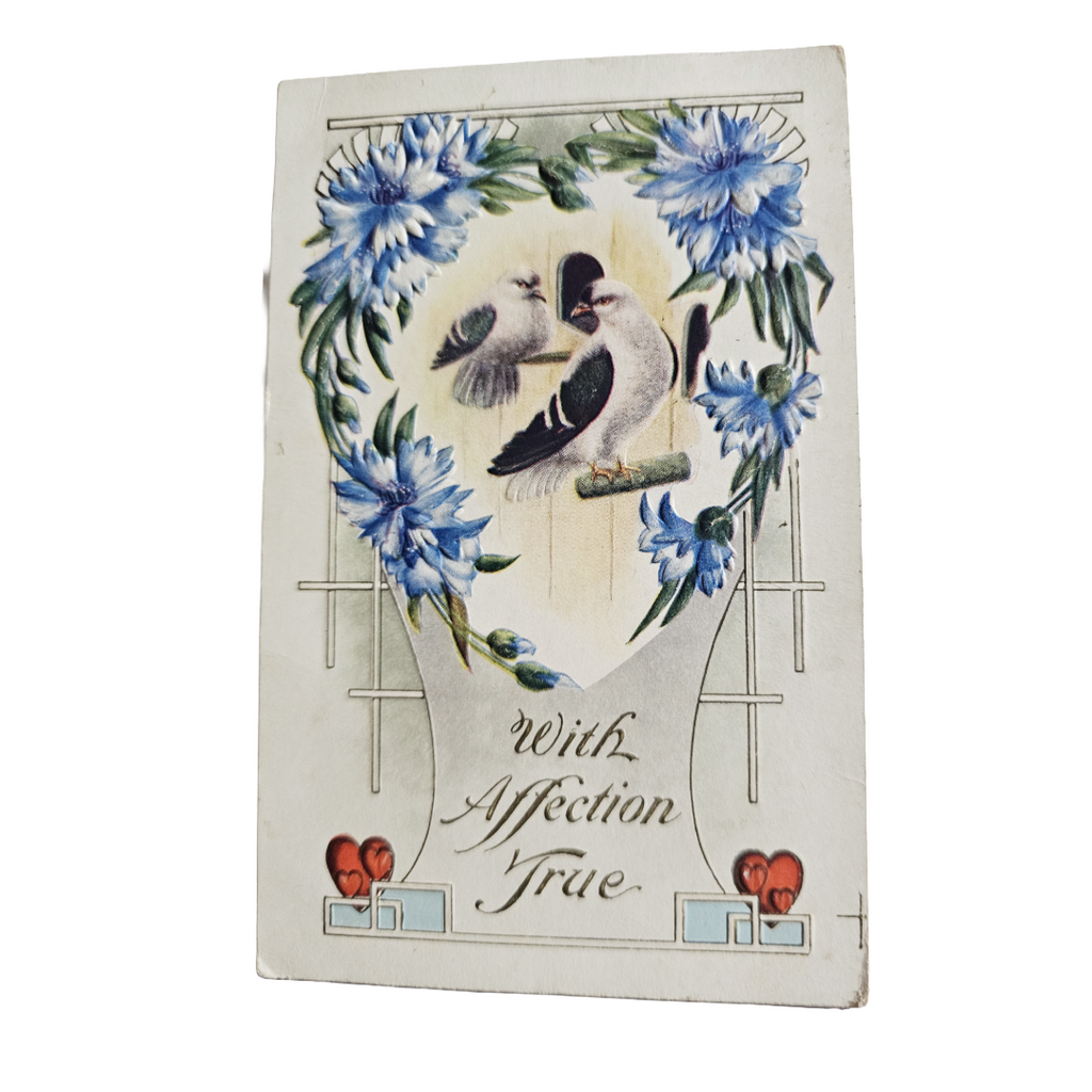 Embossed Antique Valentine Postcard Birds in Flower Heart
